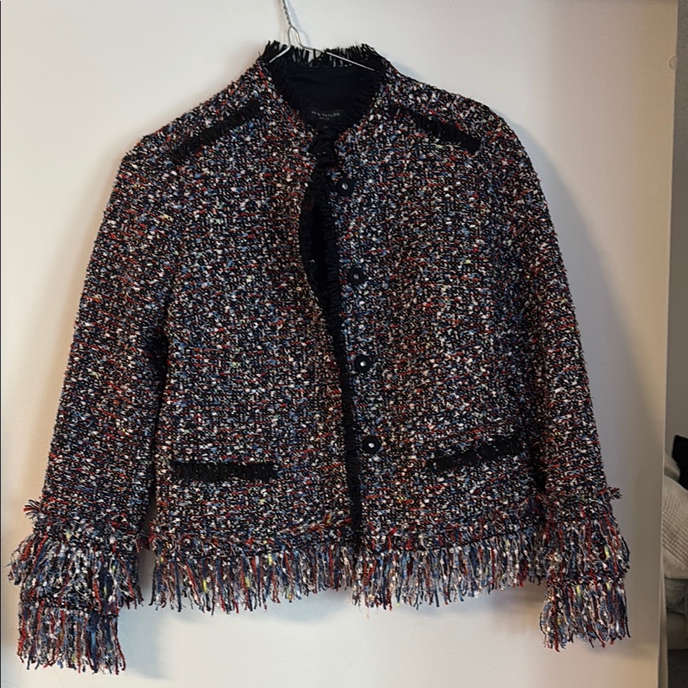 Ann Taylor Multicolor Tweed Blazer with Fringe